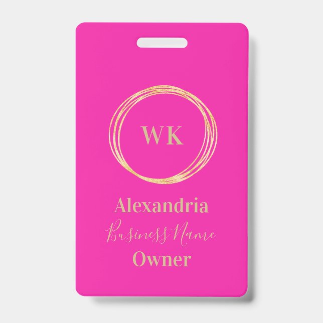 Custom Monogram Hot Pink Gold Employee Name Badge (Front)