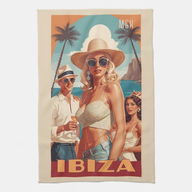 Custom Monogram Ibiza, Spain Travel Poster Kitchen Towel (Vertical)