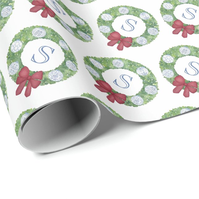 Custom Monogram Initial Christmas Greenery Wreath Wrapping Paper (Roll Corner)