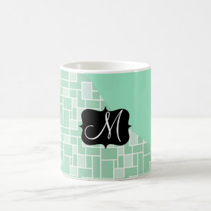 Custom Monogram Initial Mint Green Tile Pattern Coffee Mug