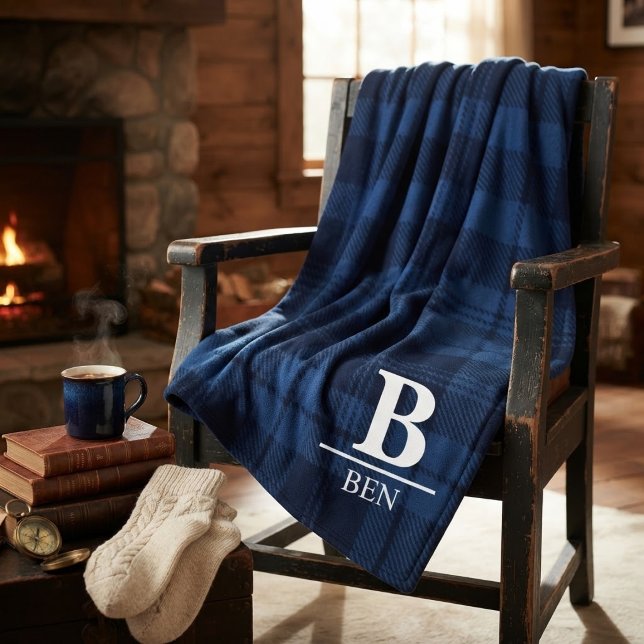 Custom Monogram Initial & Name Blue Buffalo Plaid  Fleece Blanket (Creator Uploaded)