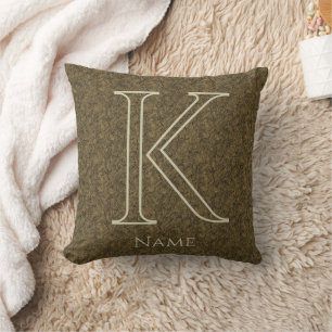 Custom Monogram Initial Name Brown Floral Leaf Throw Pillow