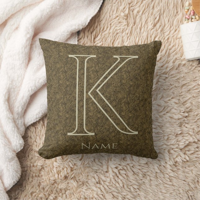 Custom Monogram Initial Name Brown Floral Leaf Throw Pillow (Blanket)
