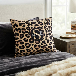Custom Monogram Initial & Name Chic Leopard Print Accent Pillow