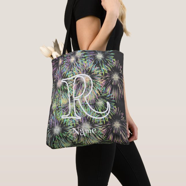 Custom Monogram Initial Name Colourful Fireworks   Tote Bag (Close Up)