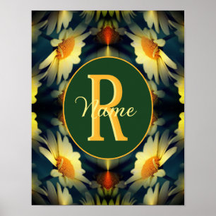 Custom Monogram Initial Name Daisy Floral Art Poster
