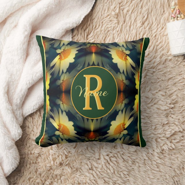 Custom Monogram Initial Name Daisy Floral Art Throw Pillow (Blanket)
