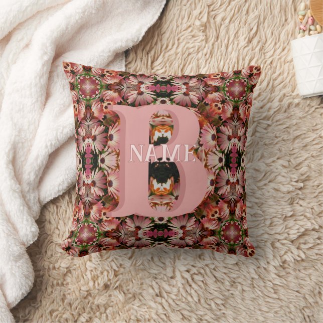 Custom Monogram Initial Name Daisy Floral Art Throw Pillow (Blanket)
