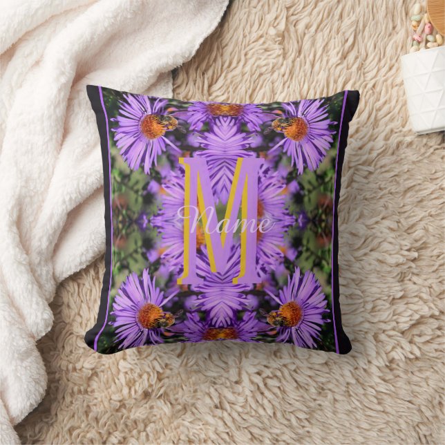 Custom Monogram Initial Name Honeybee Aster Art Throw Pillow (Blanket)