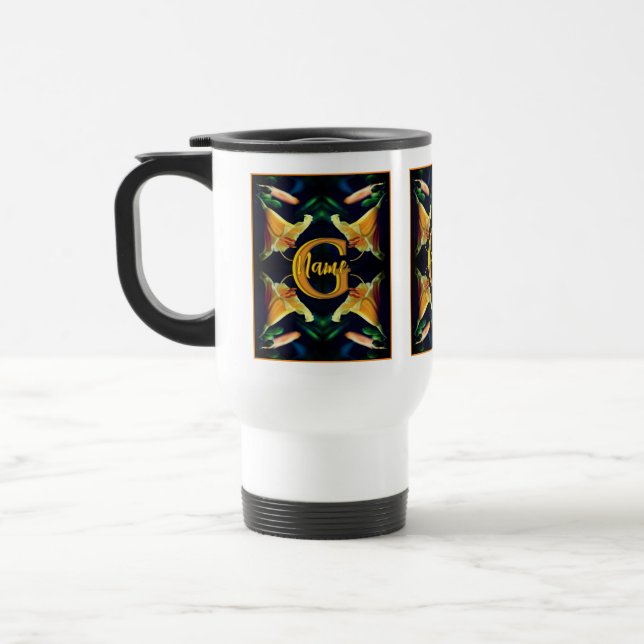 Custom Monogram Initial Name Lily Flowers Travel Mug (Left)