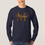 Custom Monogram Initial Name Men's Navy Blue T-Shirt<br><div class="desc">Customize Monogram Initial Letter Name Men's Template Elegant Trendy Navy Blue Basic Long Sleeve T-Shirt.</div>