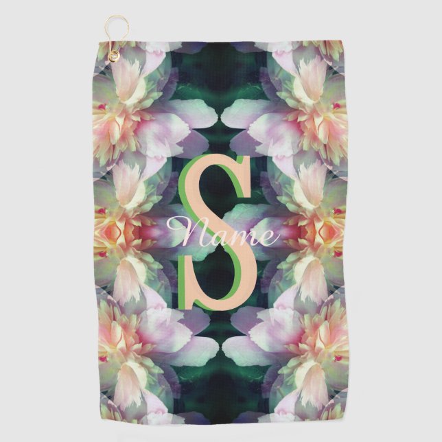 Custom Monogram Initial Name Peony Art Golf Towel (Front)