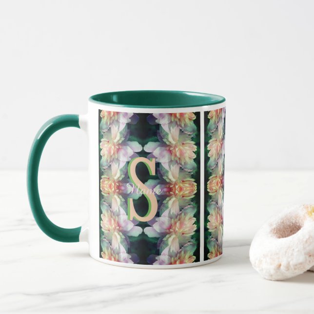 Custom Monogram Initial Name Peony Art Mug (With Donut)