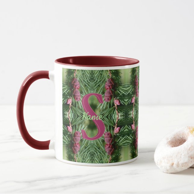 Custom Monogram Initial Name Pinecones Nature Art Mug (With Donut)