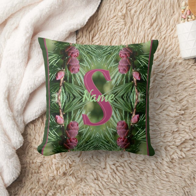 Custom Monogram Initial Name Pinecones Nature Art Throw Pillow (Blanket)