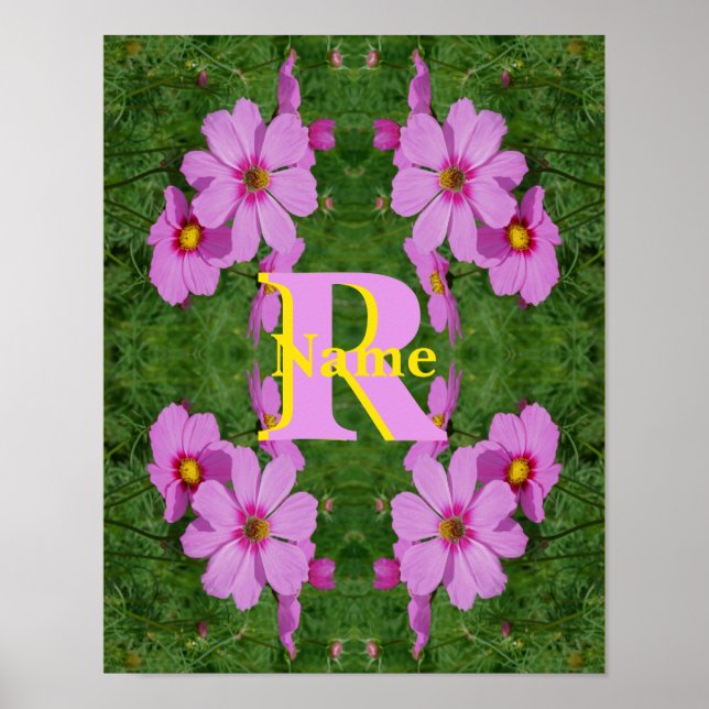 Custom Monogram Initial Name Pink Daisy Art Poster (Front)