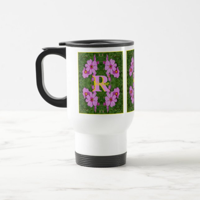 Custom Monogram Initial Name Pink Daisy Art Travel Mug (Left)