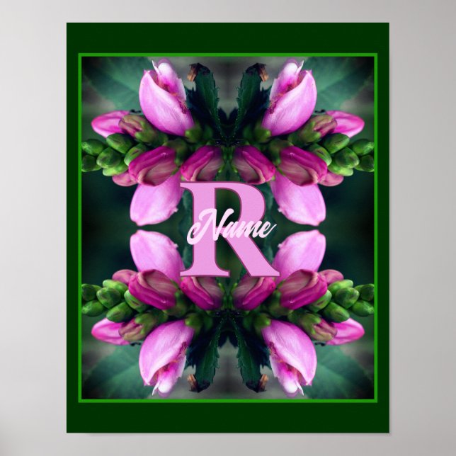 Custom Monogram Initial Name Pink Flower Art Poster (Front)