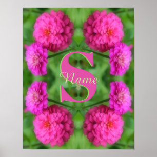 Custom Monogram Initial Name Pink Zinnias Poster