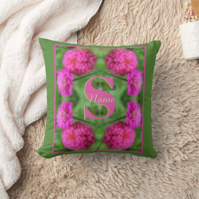 Custom Monogram Initial Name Pink Zinnias Throw Pillow (Blanket)