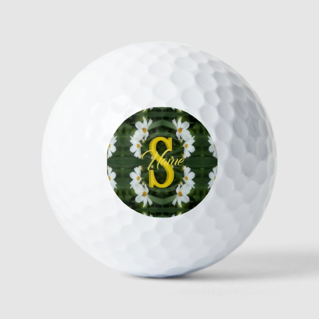 Custom Monogram Initial Name White Daisy Art Golf Balls (Front)