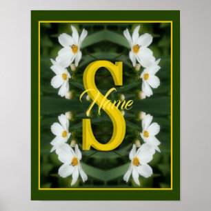 Custom Monogram Initial Name White Daisy Art Poster