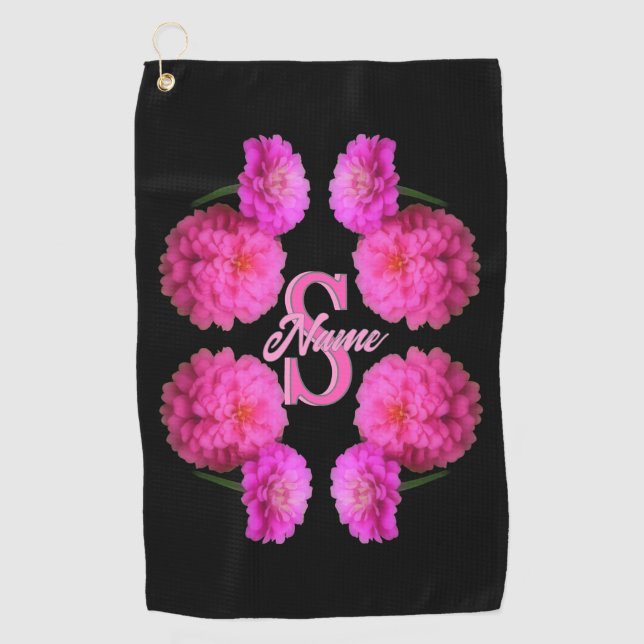 Custom Monogram Initial Name Zinnia Floral Art Golf Towel (Front)