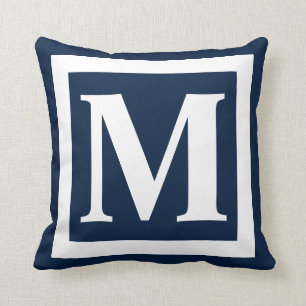 Custom Monogram Initial Navy Blue White Square Throw Pillow