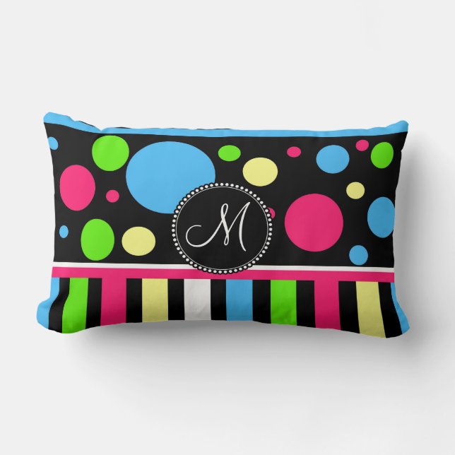 Custom Monogram Initial Neon Stripes Polka Dots Lumbar Pillow (Front)