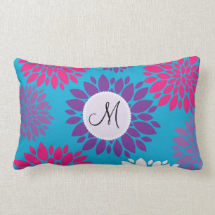 Custom Monogram Initial Pink Purple Flower on Teal Lumbar Pillow