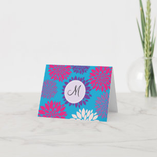 Custom Monogram Initial Pink Purple Flower on Teal Note Card
