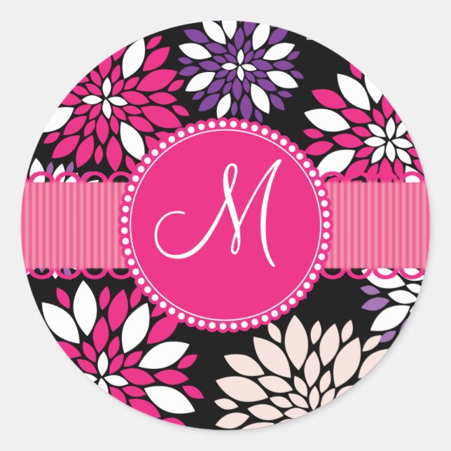 Custom Monogram Initial Purple Pink Flower Art Classic Round Sticker (Front)