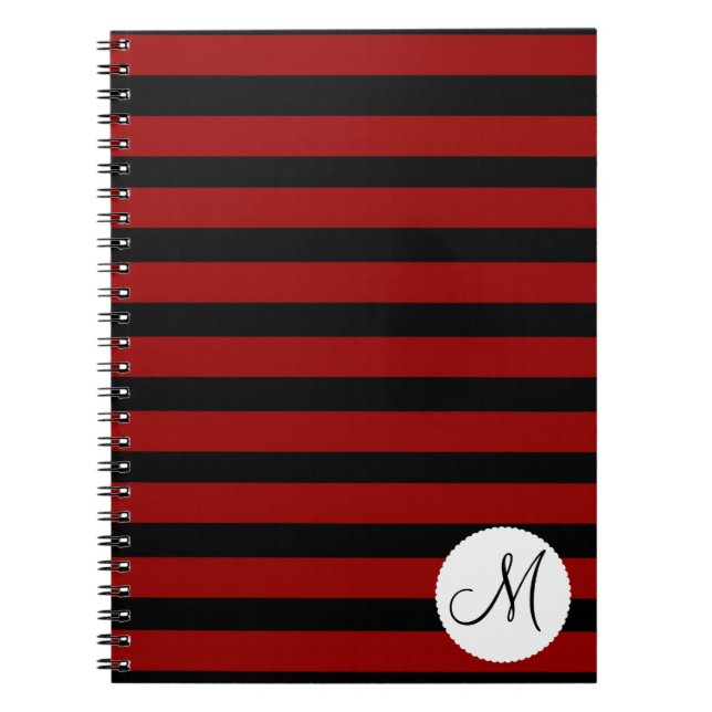 Custom Monogram Initial Red Black Stripes Notebook (Front)