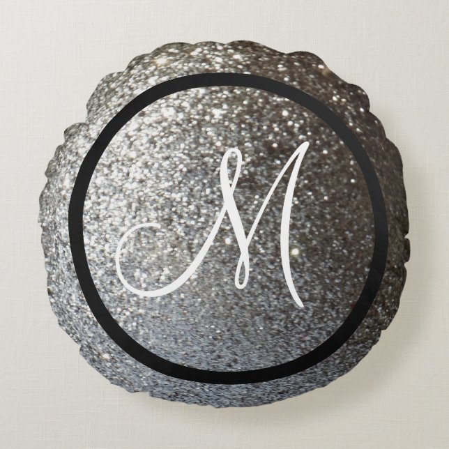 Custom monogram initial Solid silver glitter Round Pillow (Front)