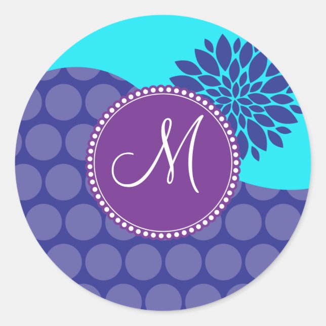 Custom Monogram Initial Teal Purple Polka Dots Classic Round Sticker (Front)
