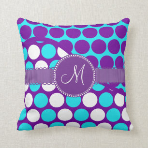 Custom Monogram Initial Teal Purple Polka Dots Throw Pillow