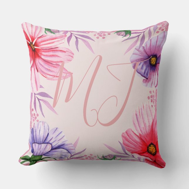 Custom Monogram Initials and Tropical Flowers Throw Pillow (Front)