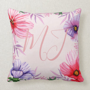 Custom Monogram Initials and Tropical Flowers Throw Pillow