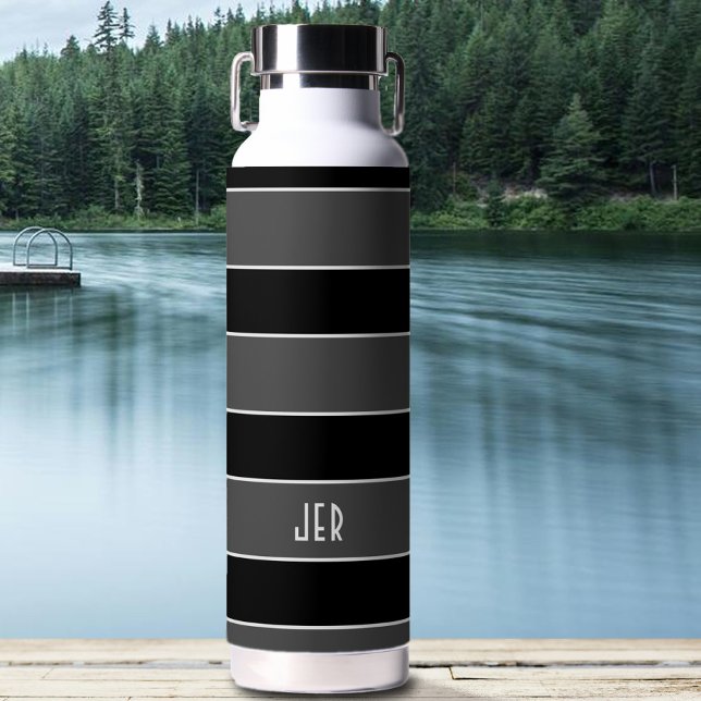 Custom Monogram Initials Modern Stripes Black Grey Water Bottle (Creator Uploaded)