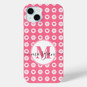 Custom Monogram Initials Pink Hearts iPhone 15 Mini Case