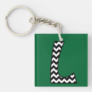 Custom Monogram Keychain: L: Black, White Chevrons Keychain