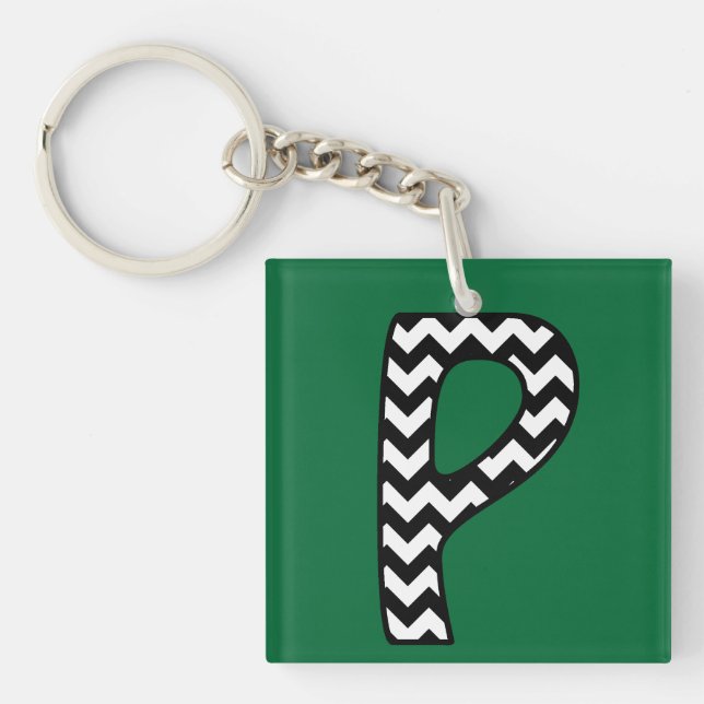 Custom Monogram Keychain: P: Black, White Chevrons Keychain (Front)