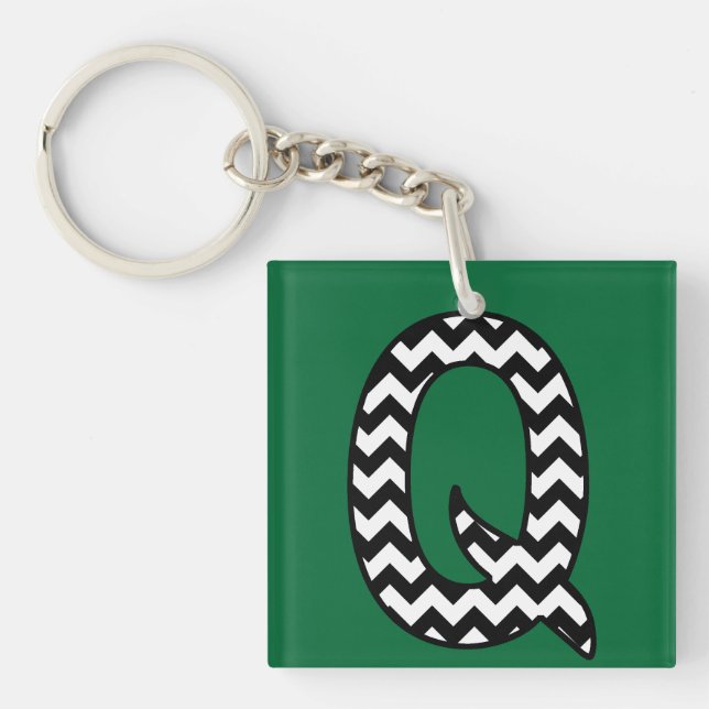 Custom Monogram Keychain: Q: Black, White Chevrons Keychain (Front)