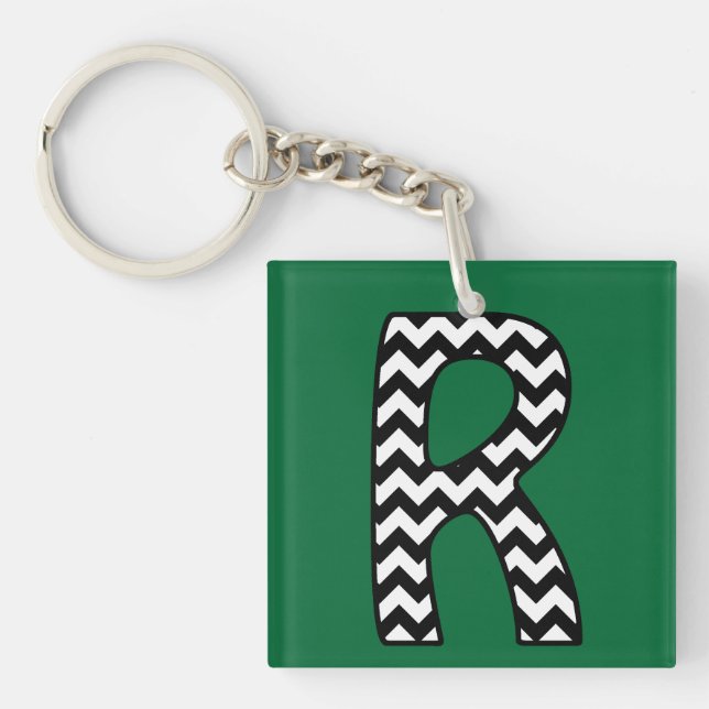 Custom Monogram Keychain: R: Black, White Chevrons Keychain (Front)