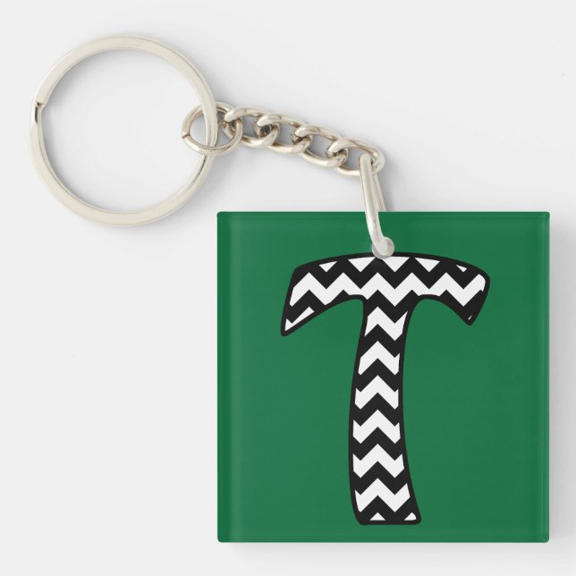 Custom Monogram Keychain: T: Black, White Chevrons Keychain (Front)
