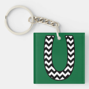 Custom Monogram Keychain: U: Black, White Chevrons Keychain
