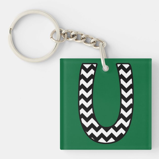 Custom Monogram Keychain: U: Black, White Chevrons Keychain (Front)