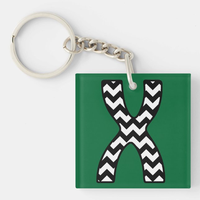 Custom Monogram Keychain: X: Black, White Chevrons Keychain (Front)