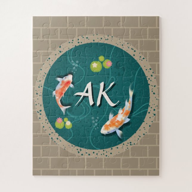 Custom Monogram Koi Pond Japanese Water Garden Jigsaw Puzzle (Vertical)