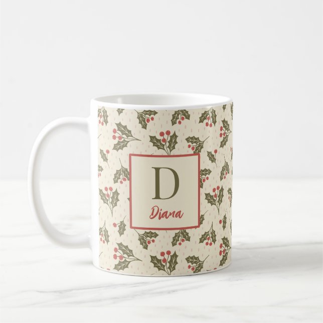 Custom Monogram letter and name Christmas Holly Coffee Mug (Left)